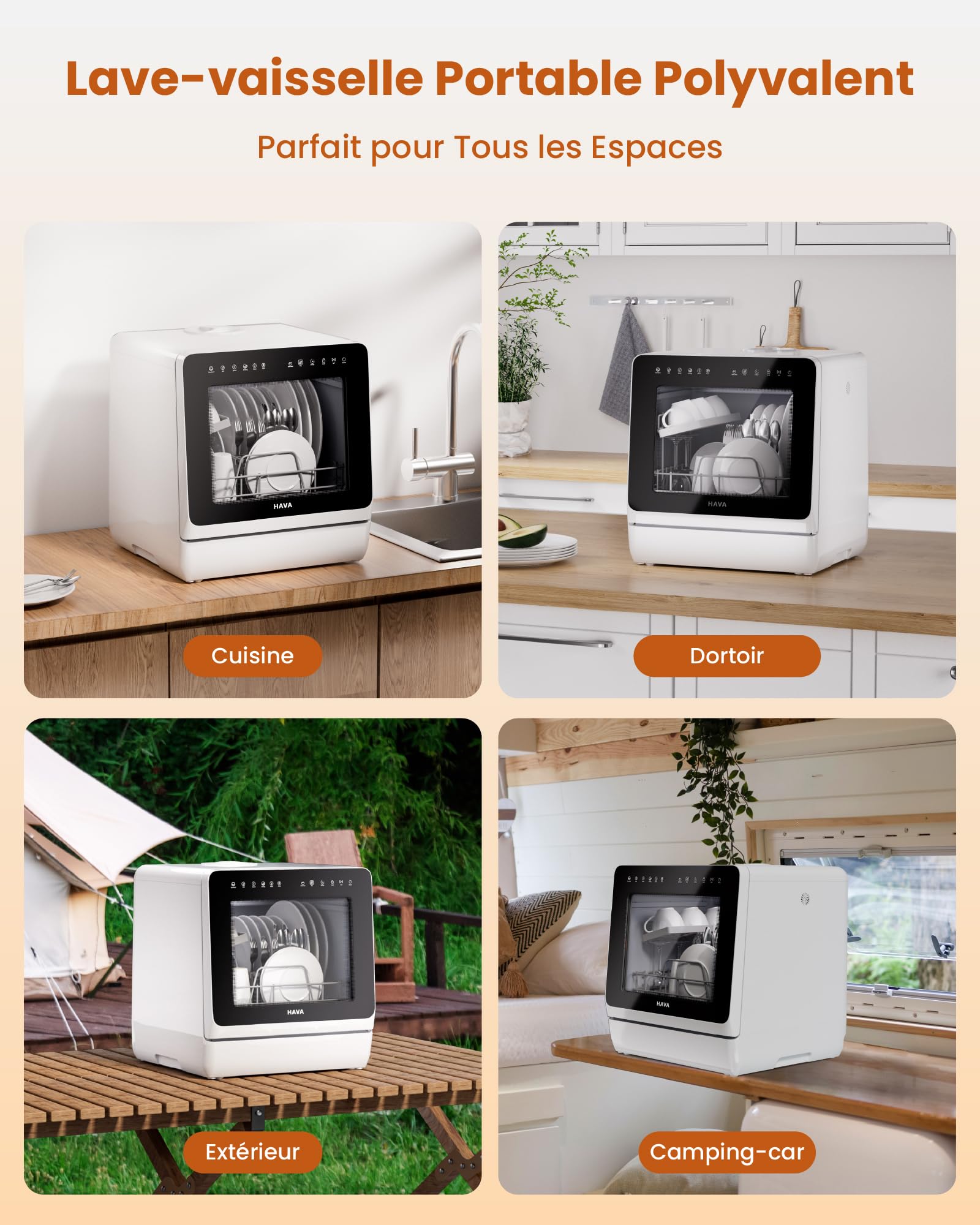 HAVA Lave-vaisselle de comptoir 2025 - Amélioré avec adoucisseur d'eau, efficacité énergétique optimale, 8 programmes de lavage, verrouillage enfant e