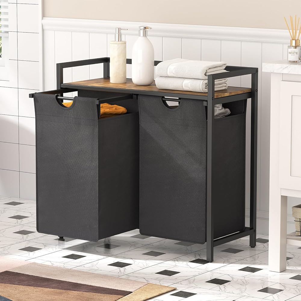 Lifewit Panier a Linge 2 Compartiments 95L, Meuble Linge Sale avec 2 Sac à Linge Sale en Tissu Oxford et Étagère en Métal, Bac à Linge pour Buanderie, Chambres, Salles de Bains, Dortoirs, Noir : Cuisine et Maison