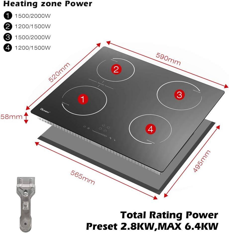 GIONIEN Induktionskochfeld mit Stecker 60cm 16Amp,Integriertes Elektrokochfeld Plug in mit Brückenzone, 4 Kochstellen Herd,2800W,GITS470SPVDE