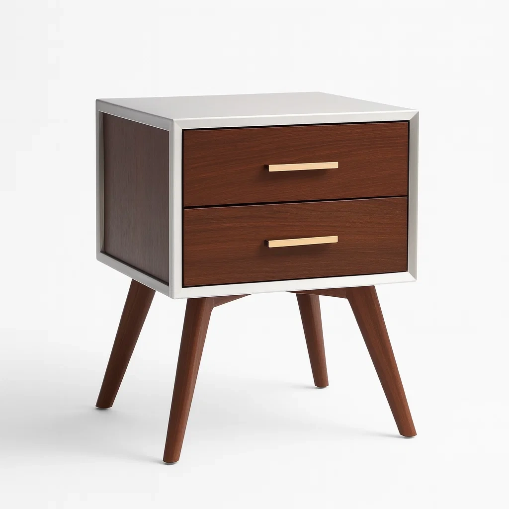 Table de chevet en bois avec pieds coniques et deux tiroirs marron