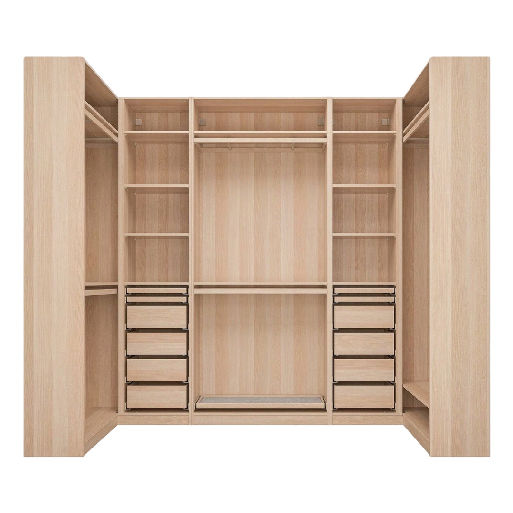 Dressing ouvert en chêne clair – armoire modulaire avec tiroirs, penderies et étagères