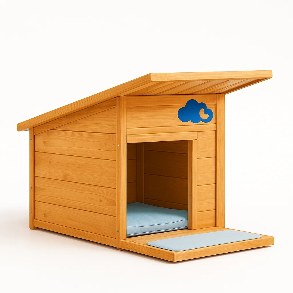Niche pour chien en bois avec coussin bleu