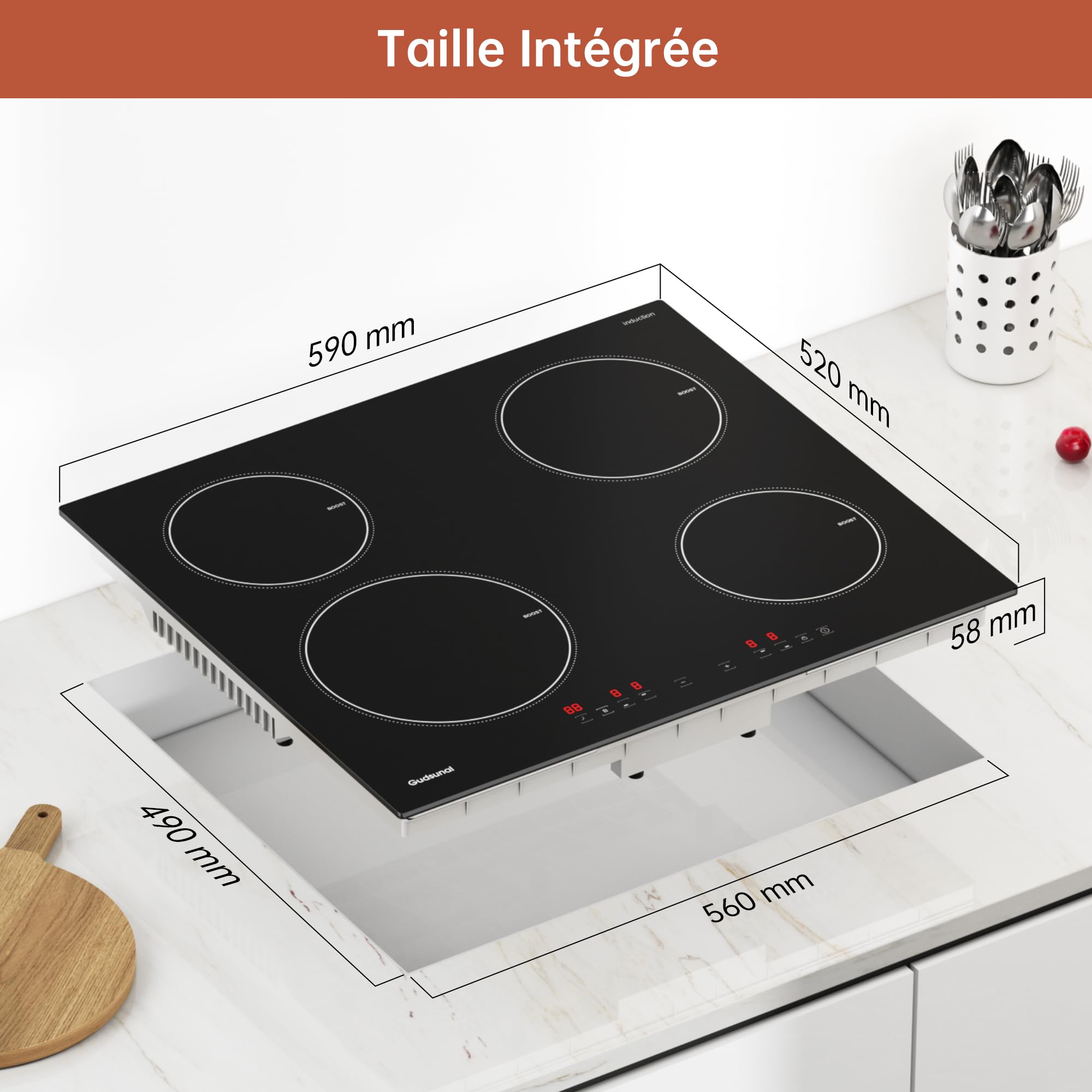 Gudsunal Plaque induction 4 feux, Table de Cuisson Encastrable,7200W, 9 niveaux de chauffage,Boost, Minuterie, Arrêt automatique, Verrouillage de sécu