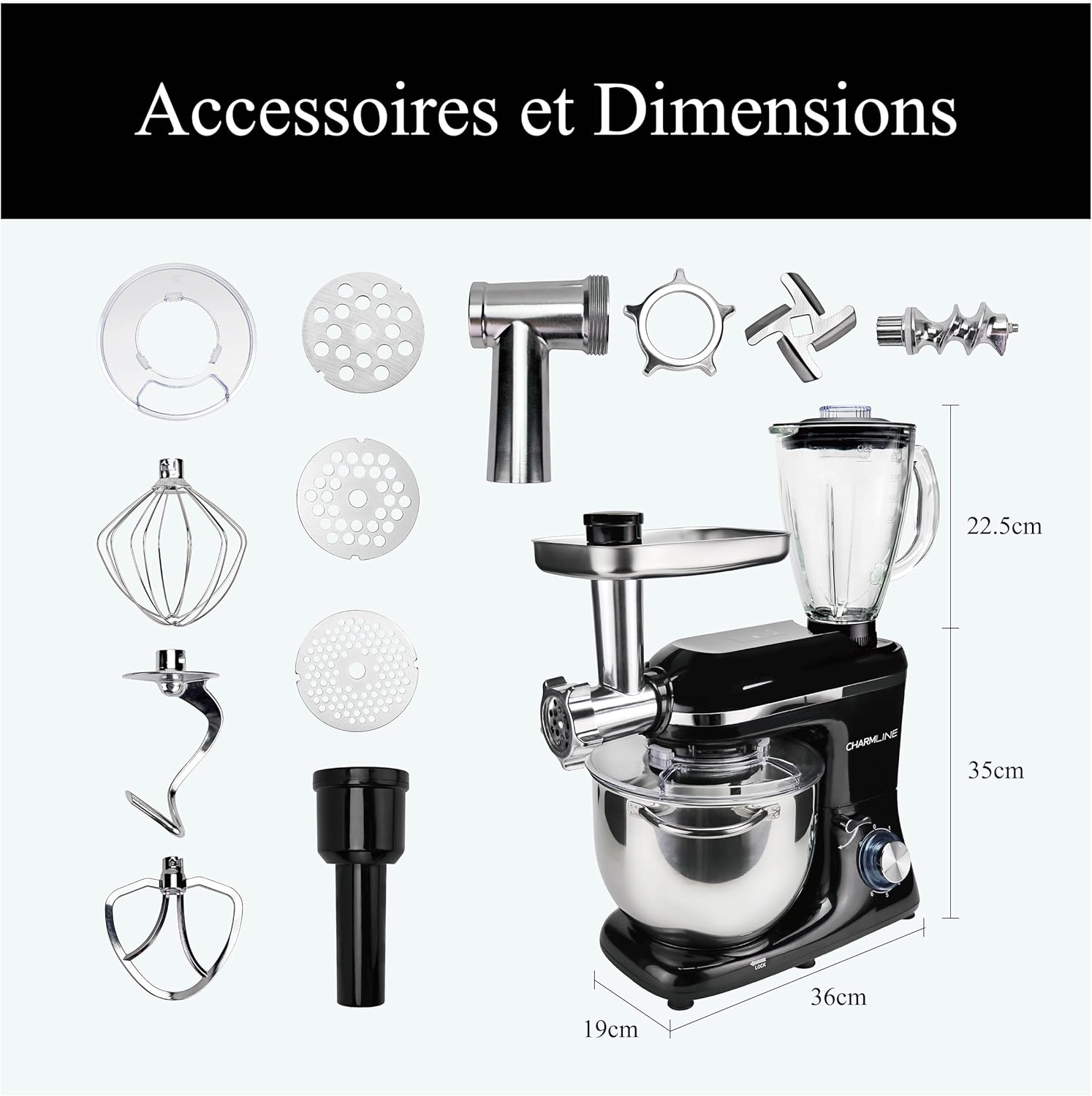 CHARMLINE 3 En 1 Robot Ptissier Avec Bol  Mélanger de 7L | Robot Cuisine Avec Batteurs, Crochets  Pte Et Fouet | Robot de Cuisine Avec Hachoir  Viande et Presse-Agrumes de 1,5L | 1400W | Noir