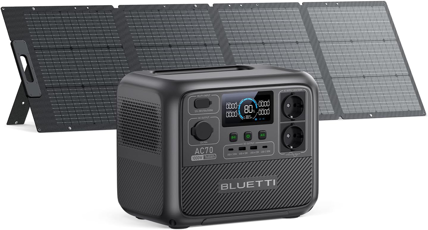 BLUETTI AC70 Générateur Électrique Portable avec 200W Panneau Solaire(Livré Séparément), LiFePO4 de 768Wh Charge Rapide de 45 Min de 0 à 80%, 2 Sorties CA de 1000W (2000W Pic) pour Voyage, Camping