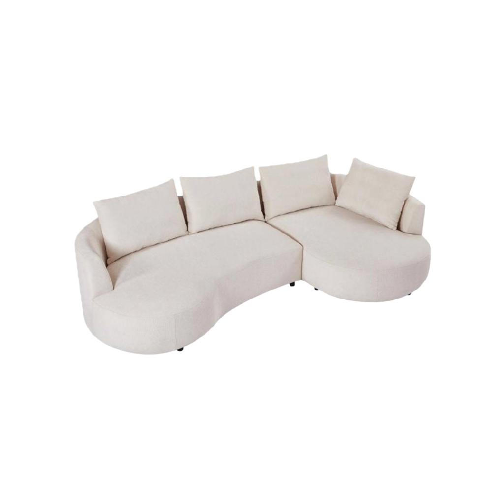 Canapé d’angle incurvé en tissu crème – Design moderne organique 4 places avec coussins