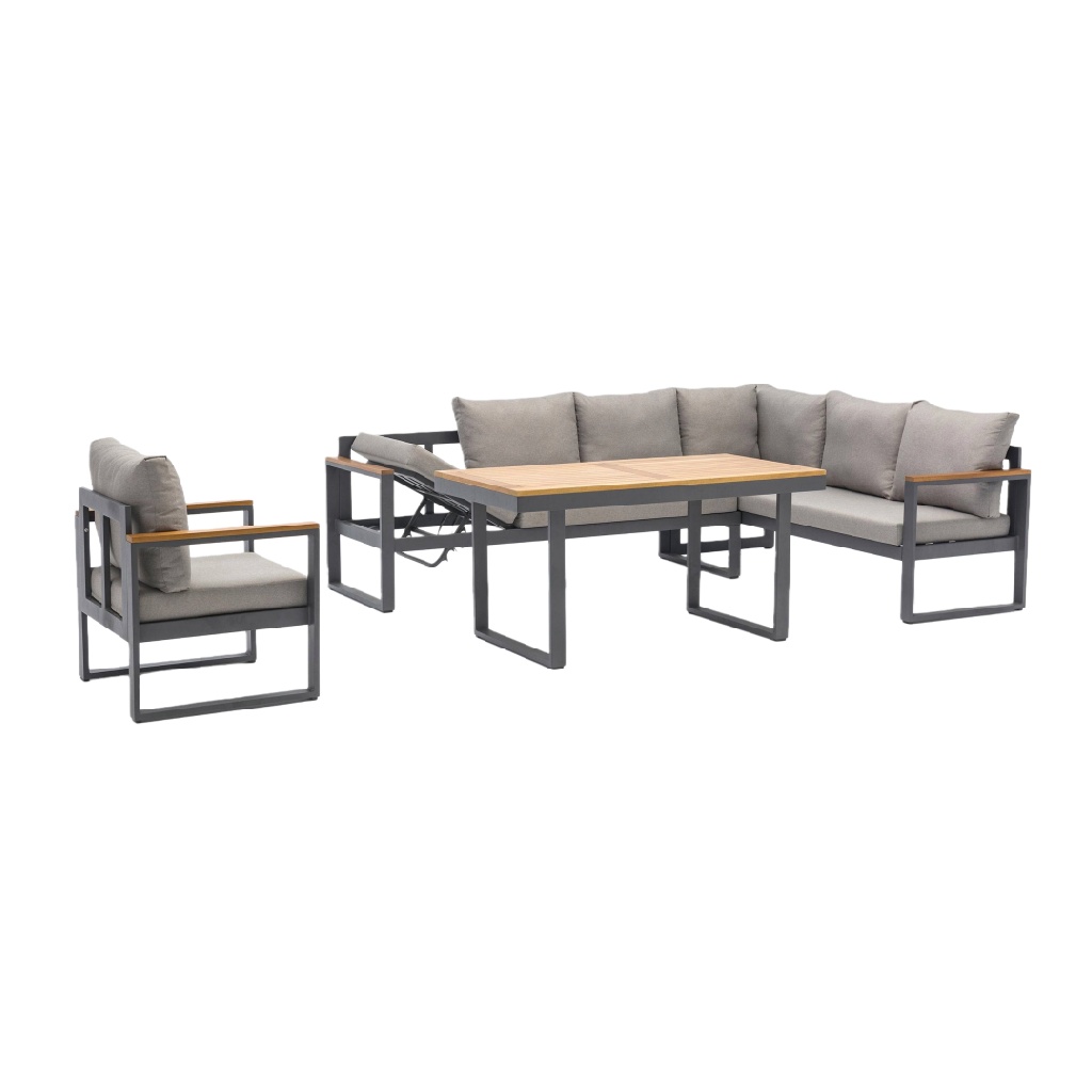 Salon de jardin d’angle avec table à manger – aluminium et bois – coussins gris – 6 places