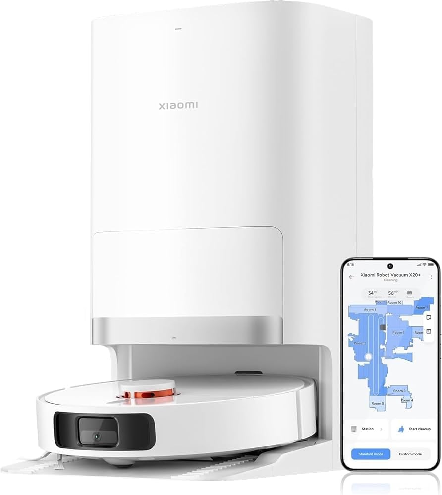 Xiaomi Robot Vacuum X20+ Aspirateur Robot, Station Tout-en-Un (Puissance d'aspiration de 6000 Pa ; 140 Min autonomie ; autonettoyage, vidage, séchage et Remplissage d'eau ; Application/contrôle)