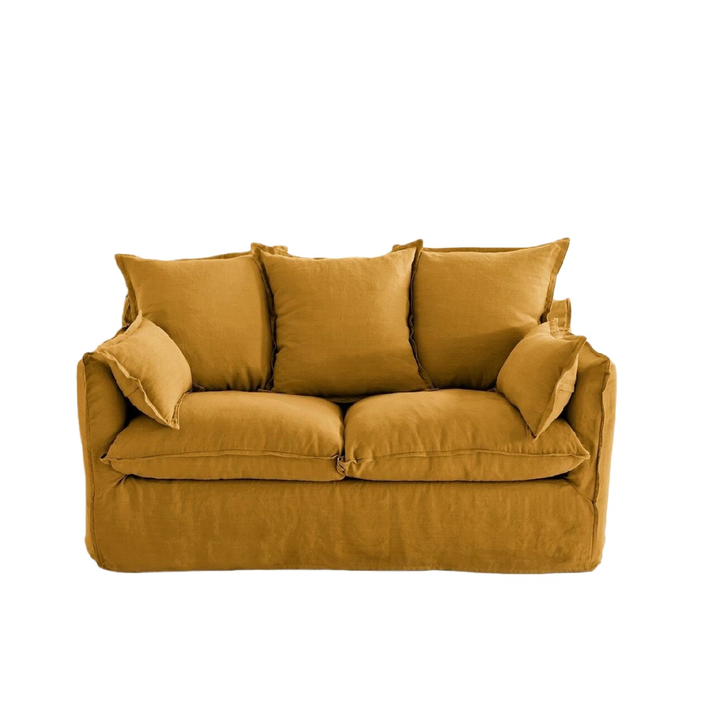 Canapé 2 places en lin lavé couleur moutarde – style bohème chic, housses déhoussables et confort moelleux