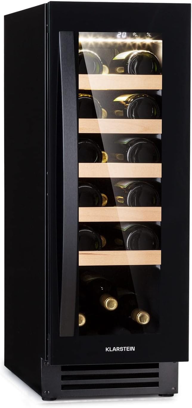 KLARSTEIN Vinovilla Cave a Vin Encastrable, Armoire a Vin, Cave à Vin à une Zone, Caves à Vin de Vieillissement, Bouteilles de Vin, Prosecco, Ecran Tactile, Mini frigo 5-22°C, 50L, 20 Bouteilles