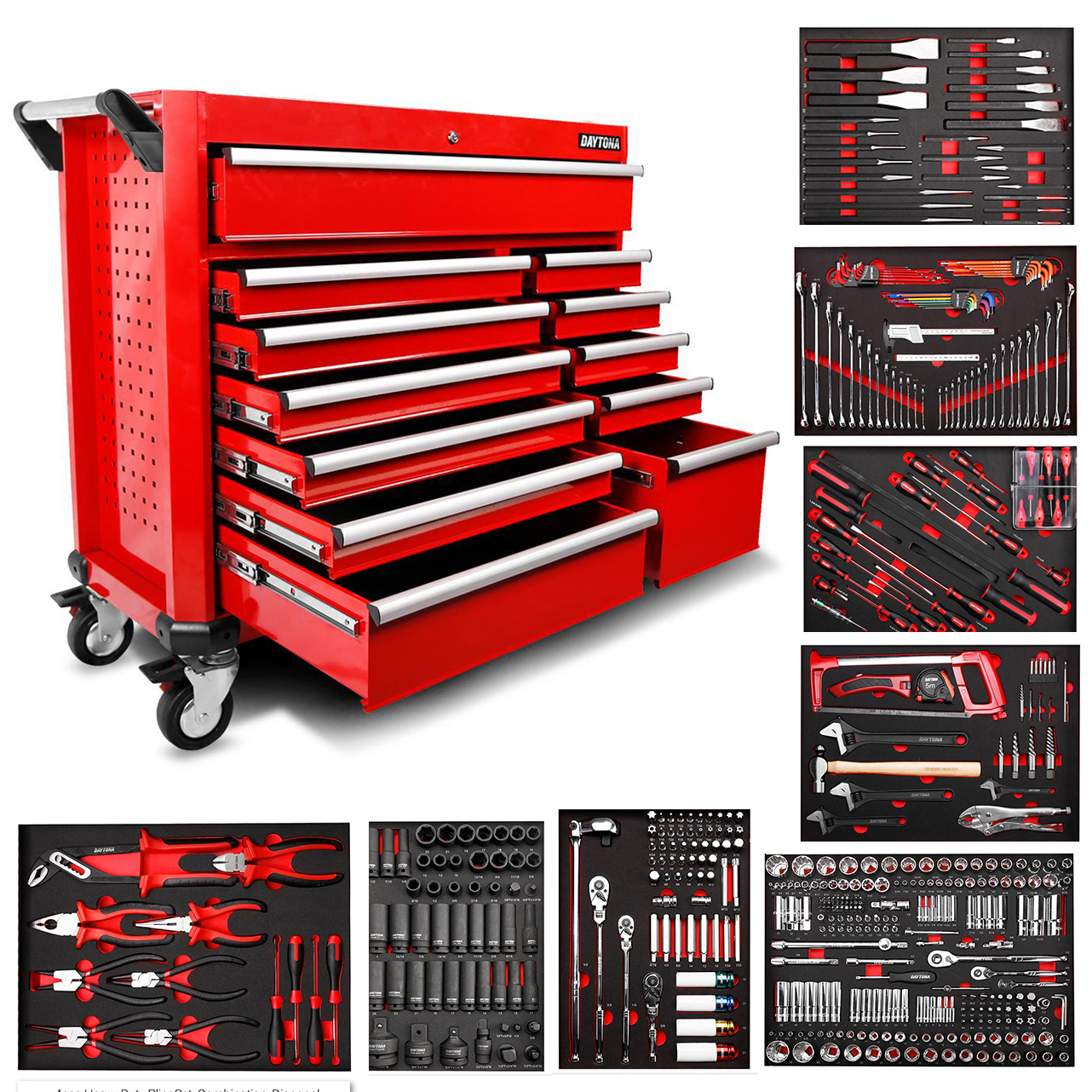 Daytona 655 Piece  Mechanical Tool Set with 43 12 Drawer Red Roller Cabinet