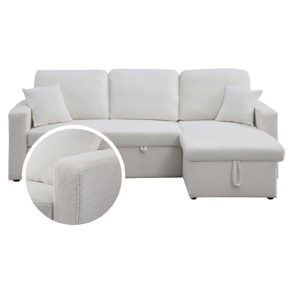 Canapé d’angle convertible 3 places en tissu bouclette blanc – avec coffre de rangement et méridienne réversible, design scandinave