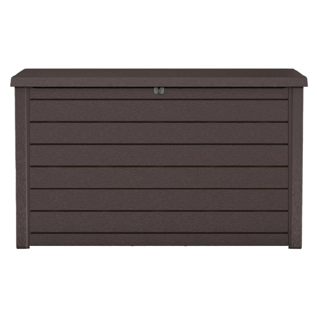 Coffre de jardin extérieur effet bois marron foncé, rangement étanche en résine PP