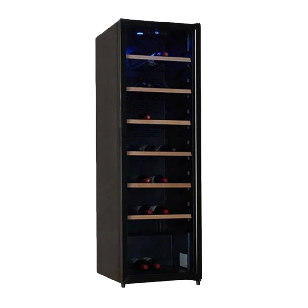 Cave à vin haute et étroite, porte vitrée, étagères en bois, noir