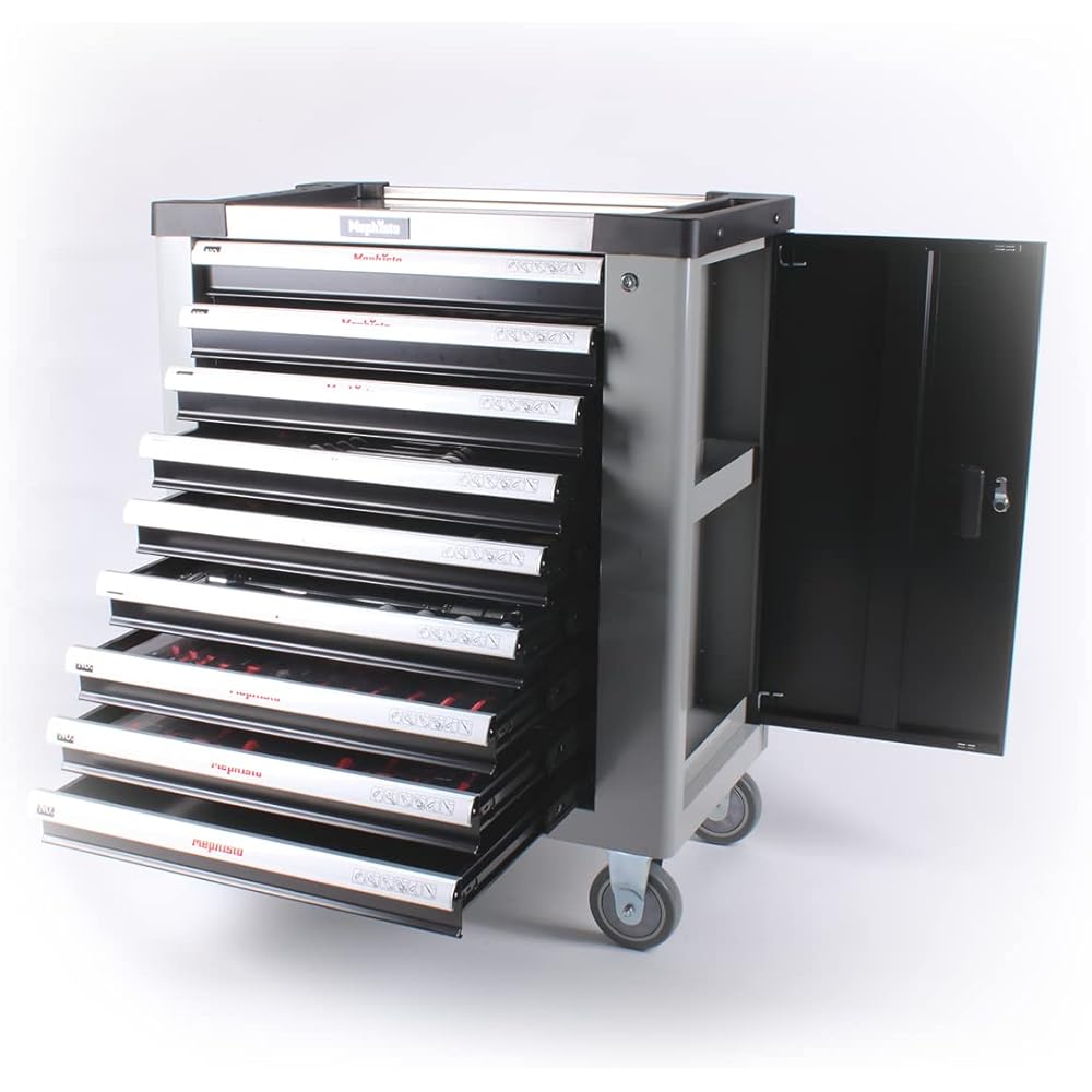 Mephisto Servante d'atelier avec 9 tiroirs, dont 9 tiroirs avec outils tels que clé, cliquet avec boîte à noix, incrustations souples aspect carbone : Bricolage