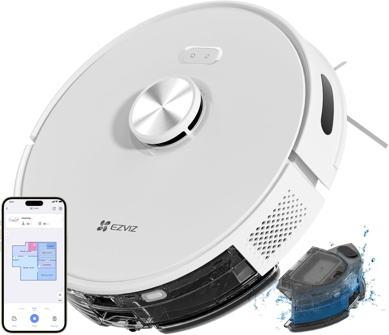 EZVIZ RE5 Aspirateur Robot Laveur 4000Pa, 300 m², Navigation et Planification d'Itinéraire LDS LiDAR, Alexa/APP, Nettoyage Précis et Personnalisé, pour Le Idéal Nettoyage des Tapis & des Cheveux