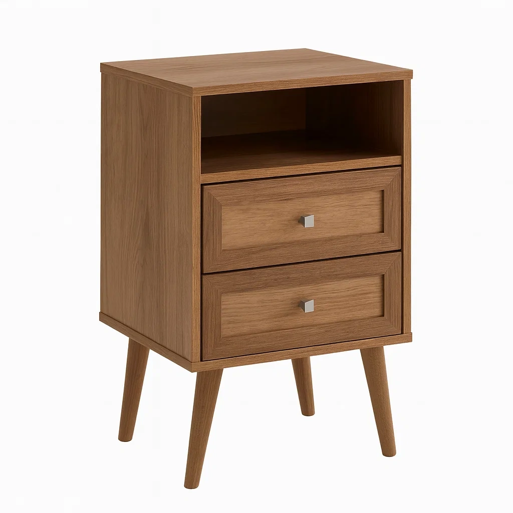 Table de chevet en bois avec deux tiroirs et étagère