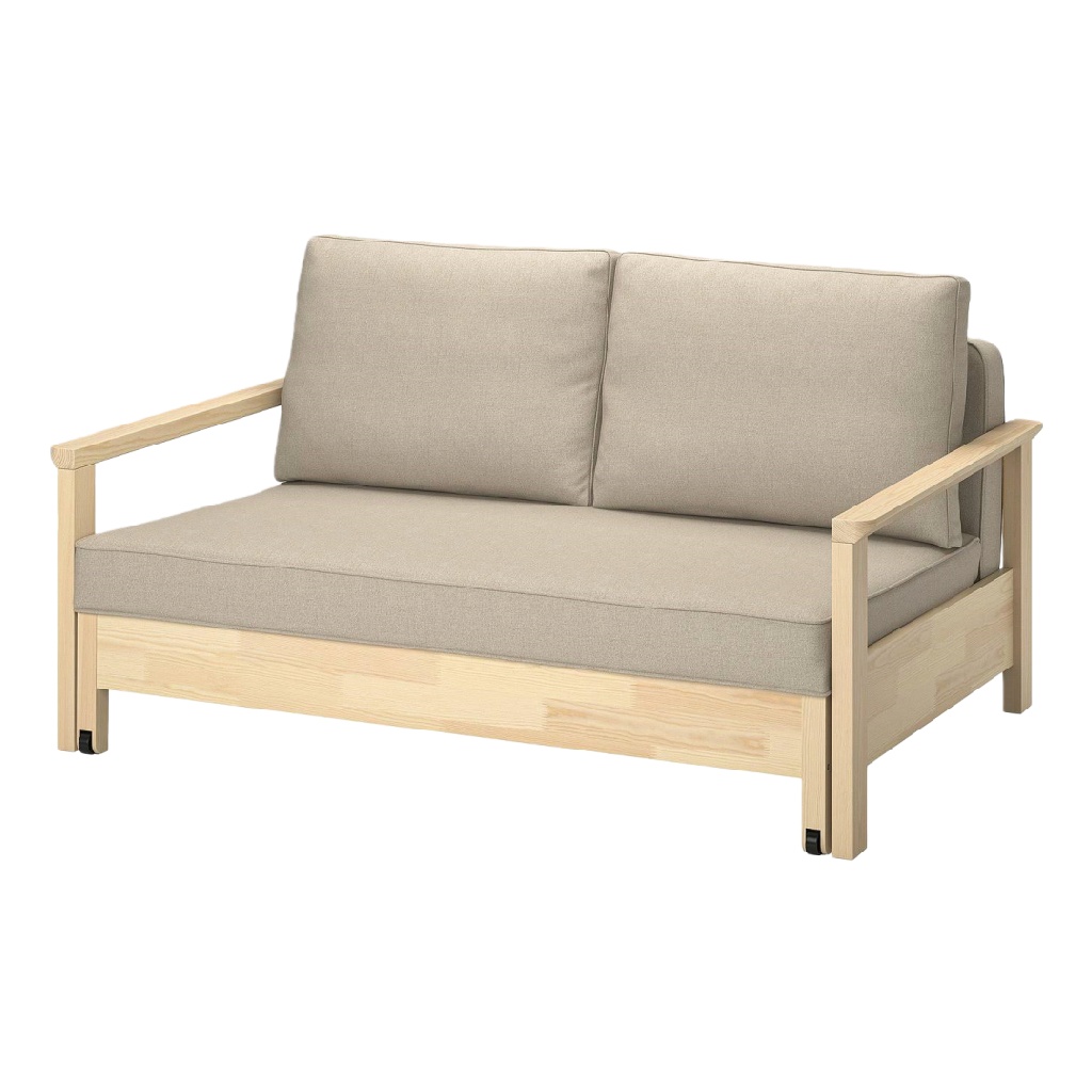 Canapé 2 places en bois clair avec coussins beige