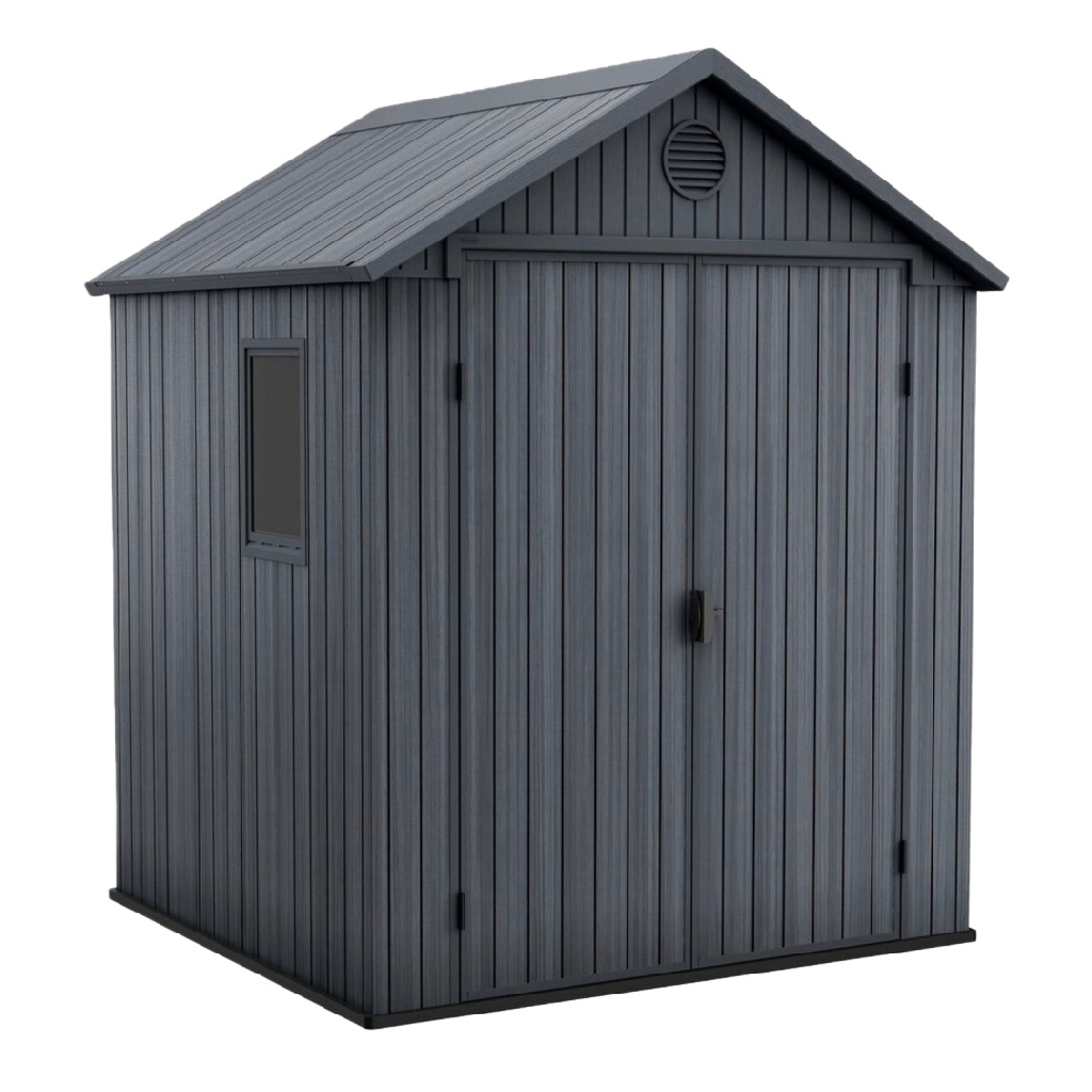 Abri de jardin en résine gris anthracite avec fenêtre latérale et toit double pente