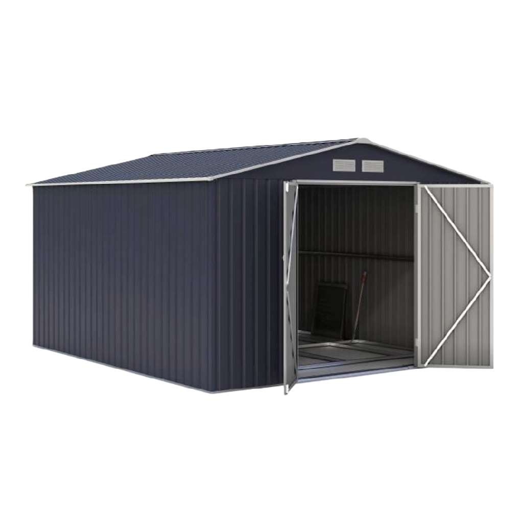 Grand abri de jardin en métal à double pente – double porte battante – couleur gris anthracite