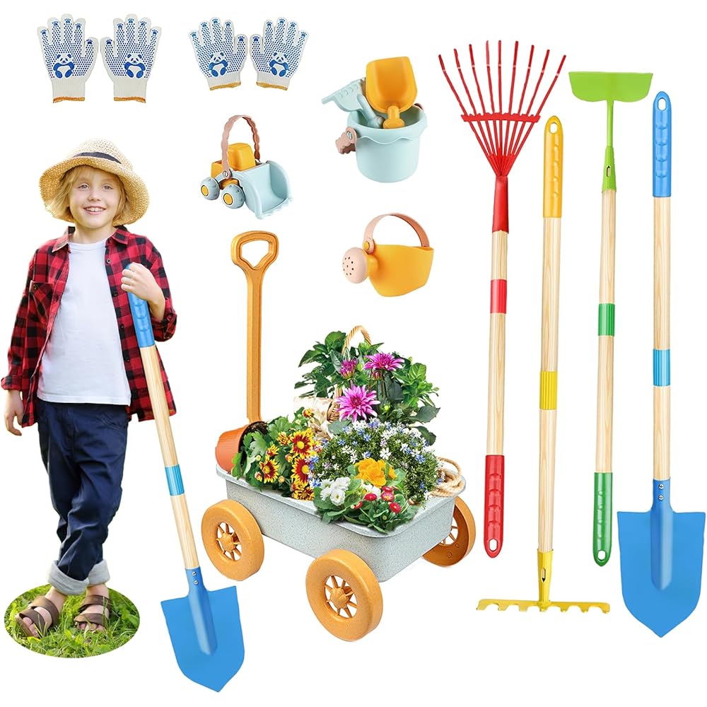 Mostop Kit d'outils de jardinage pour enfants - Jouet avec brouette, pelle en métal, râteau, râteau, chariot de jardin extérieur, cadeau d'anniversaire pour garçons et filles de 4 à 8 ans : Jeux et Jouets