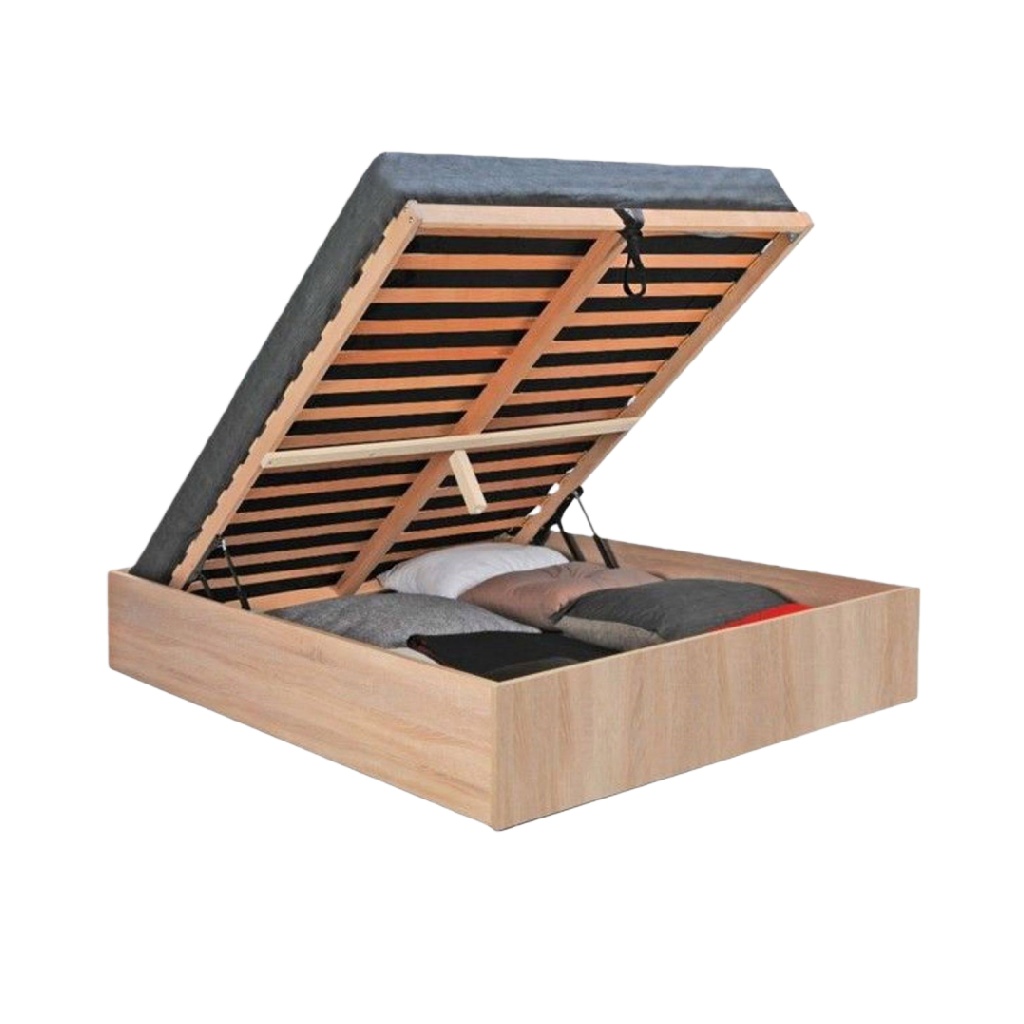 Lit coffre en bois clair — Système de levage pratique — Grand espace de rangement