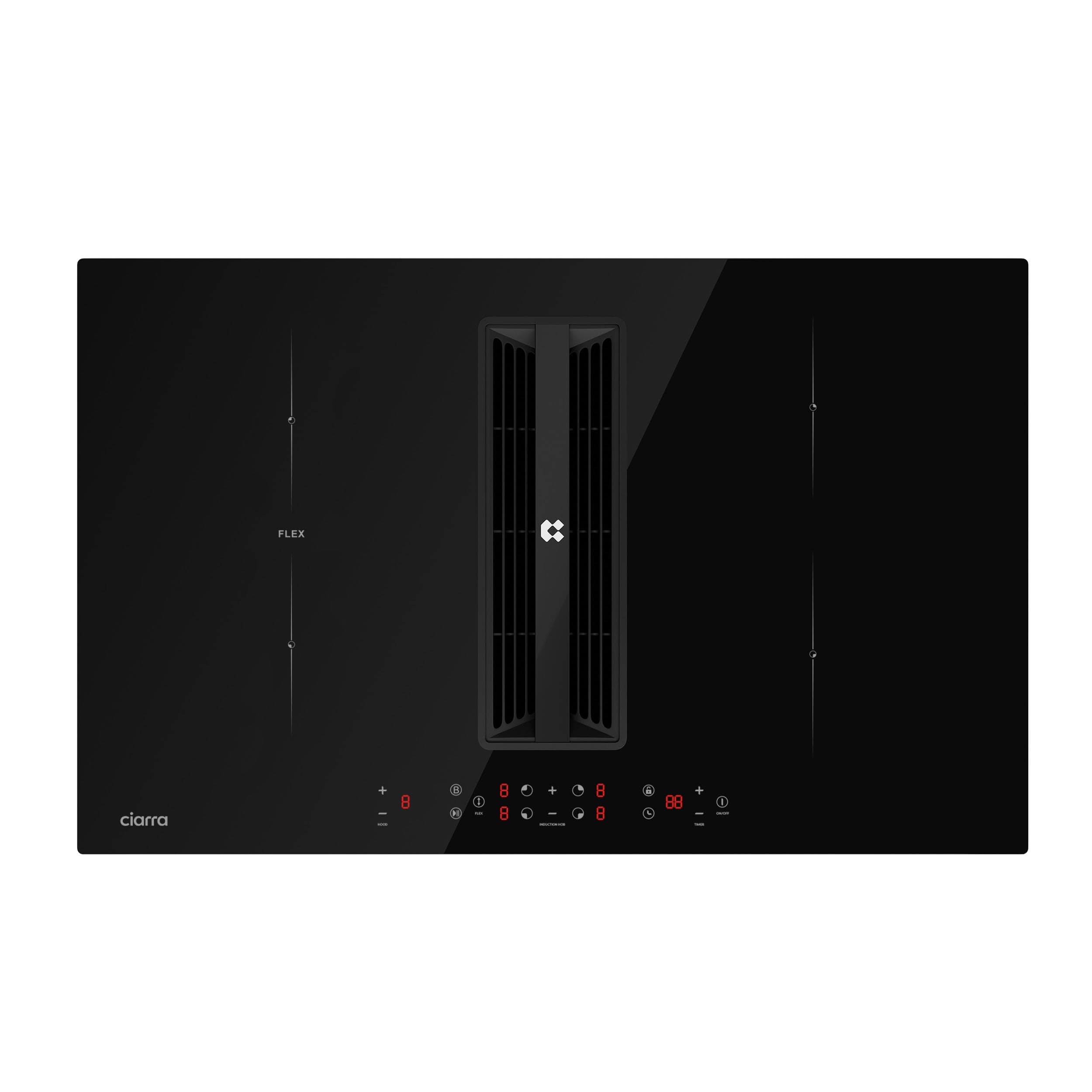 CIARRA One Plaque à Induction et Hotte Intégrée-4 Foyers-83cm-7000W-9 Niveaux de Puissante-500m³/h-Flex zone-Boost-4 Vitesses-Filtration Multiple-Tact