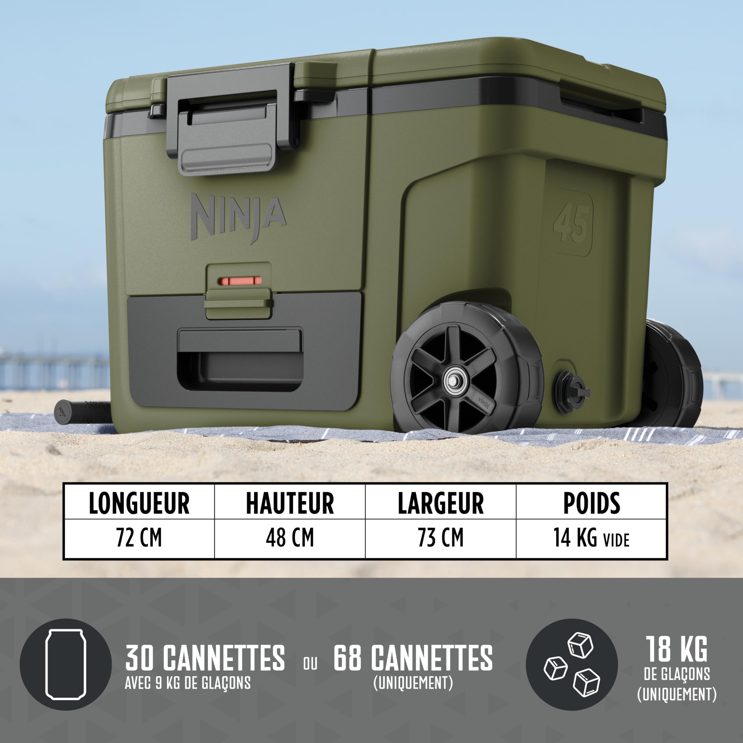 Ninja FrostVault Glacière Robuste et Isotherme, avec Roues et tiroir de Stockage à Sec Dry Zone, Conserve la Glace Plusieurs Jours, Olive