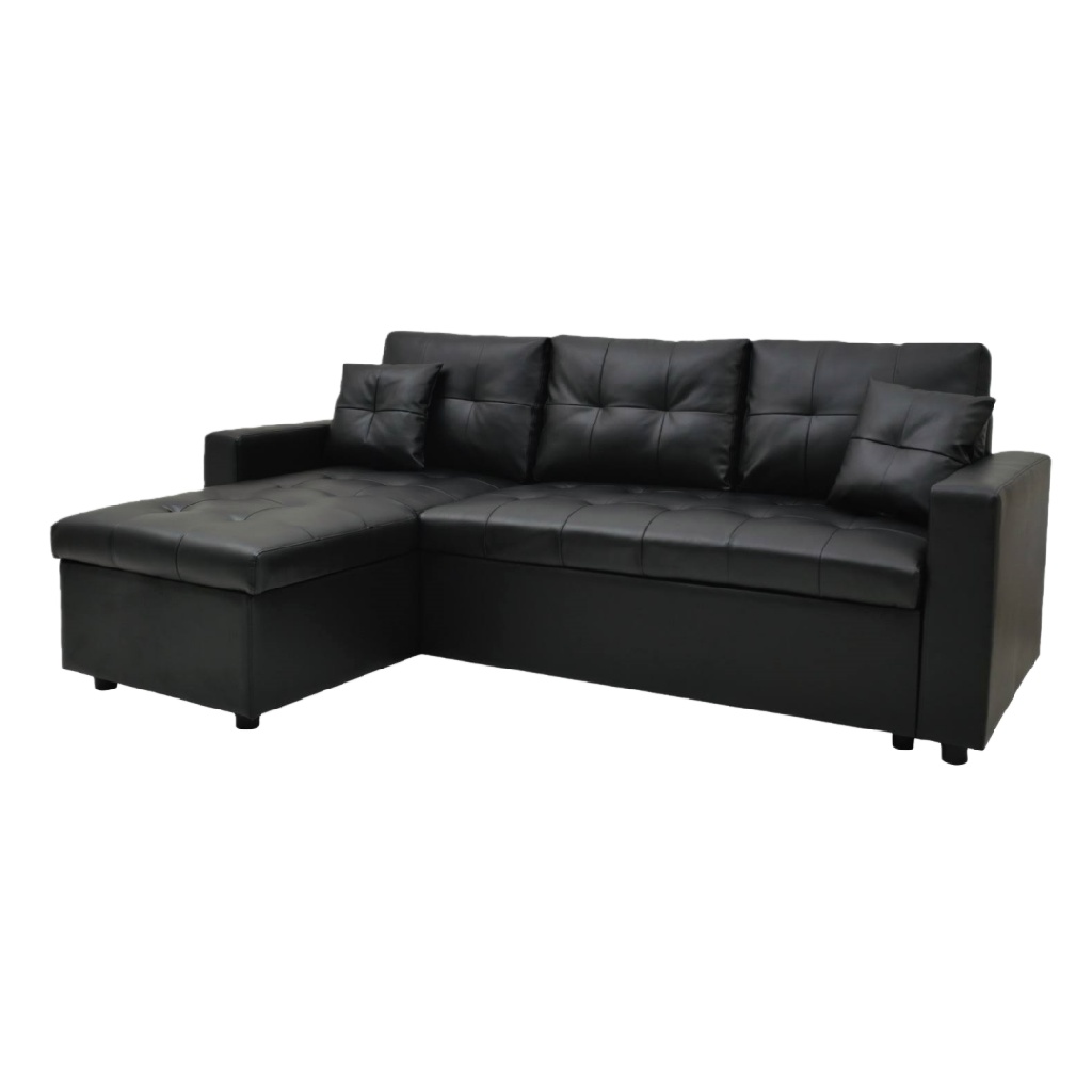 Canapé d’angle convertible en similicuir noir avec espace de rangement
