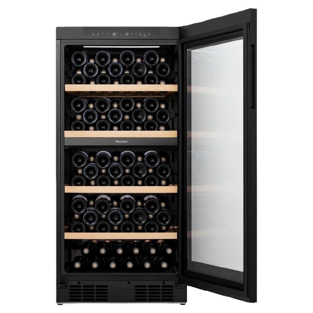 Cave à vin grande capacité, porte vitrée, étagères en bois, noir