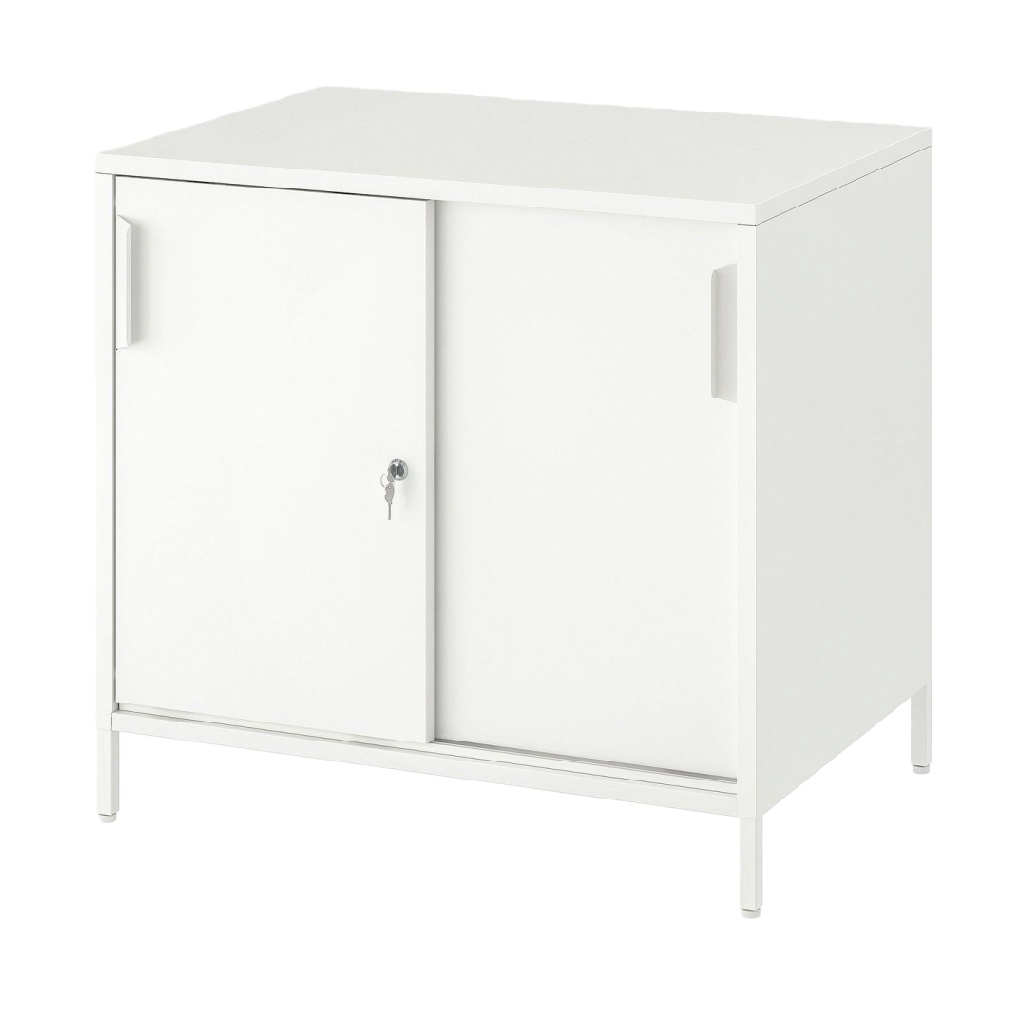 Armoire basse blanche en métal avec portes coulissantes et serrure — design industriel minimaliste