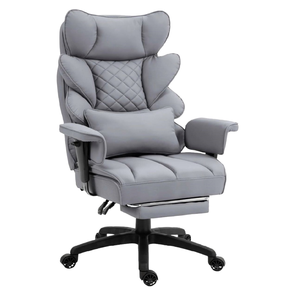 Fauteuil de bureau ergonomique en similicuir gris avec repose-pieds et appui-tête – Chaise de gaming confortable réglable