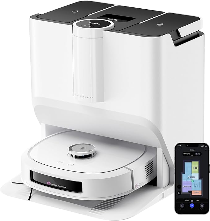 EUREKA J20 Robot Aspirateur Laveur Serpillière à Chenille 17 N, 6000mAh Aspirateur Robot Laveur avec Station Autonettoyante, 8000 Pa, Détection de Tapis, AI Détection d'obstacles, Commande Vocale