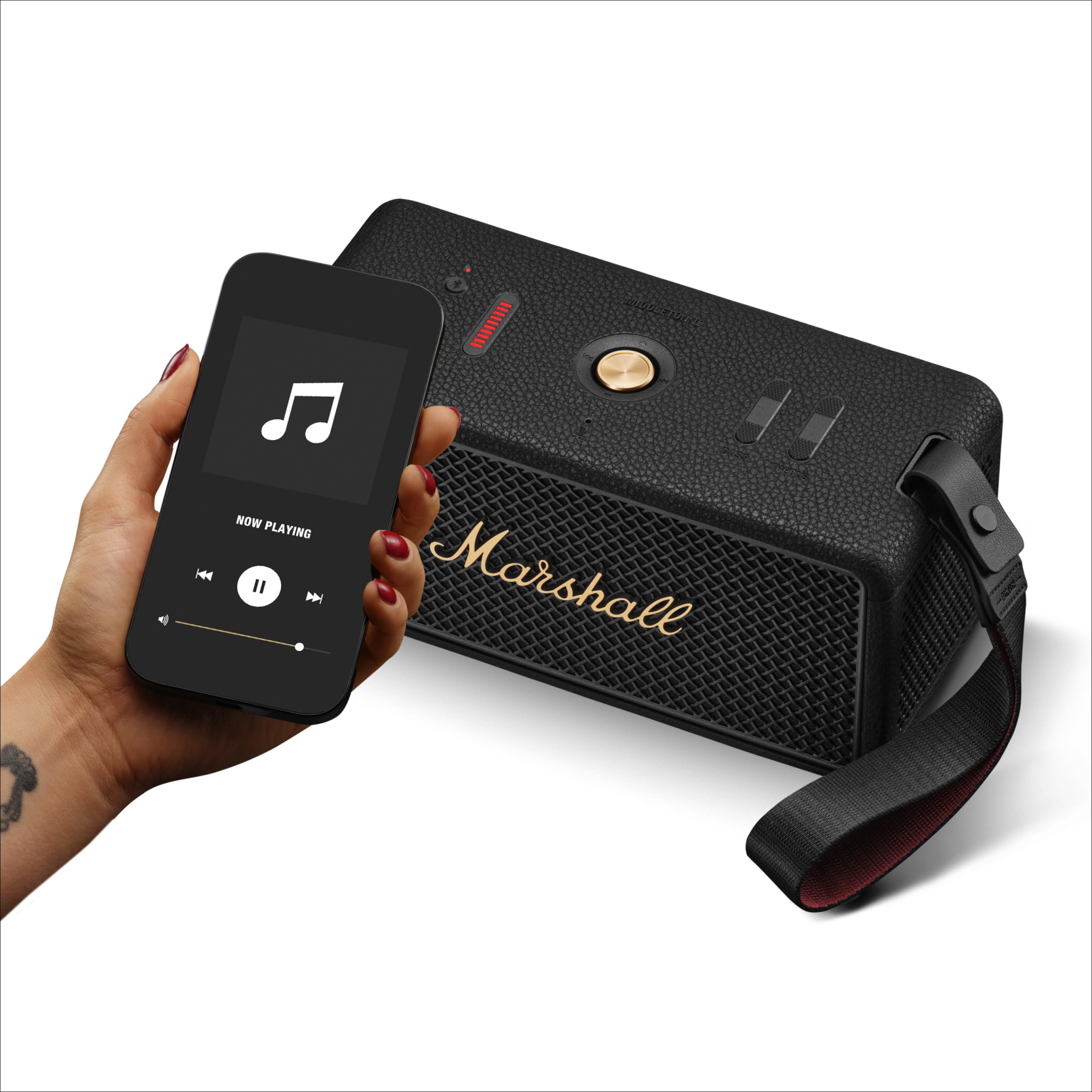 Marshall Middleton II Enceinte Bluetooth Portable Plus de 30 Heures d'autonomie, étanchéité IP67 - Noir et Laiton