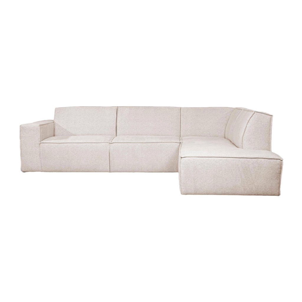 Canapé d’angle modulable en tissu bouclette beige clair – design minimaliste et contemporain – 5 places