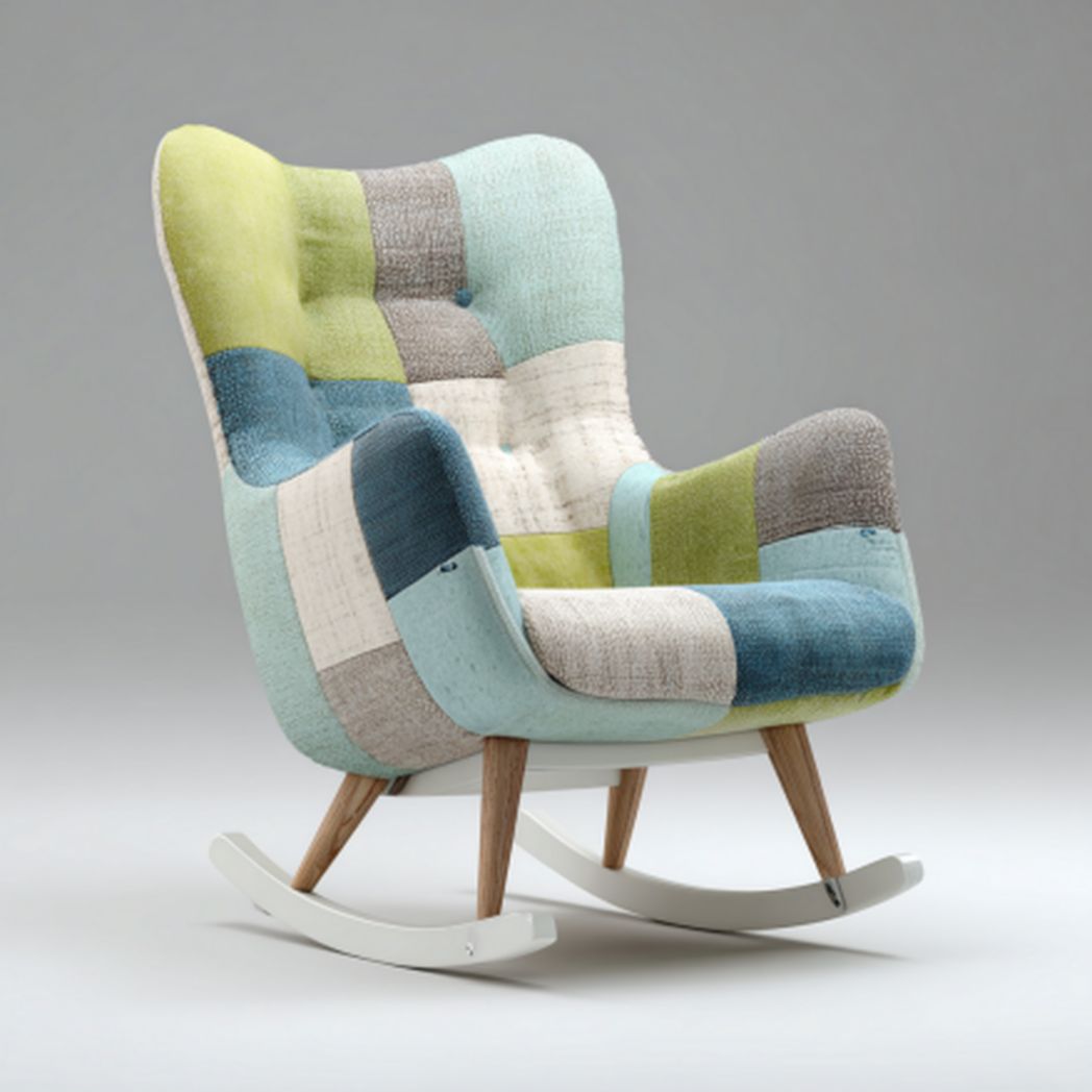 Fauteuil à bascule patchwork rétro avec cadre blanc et patins en bois