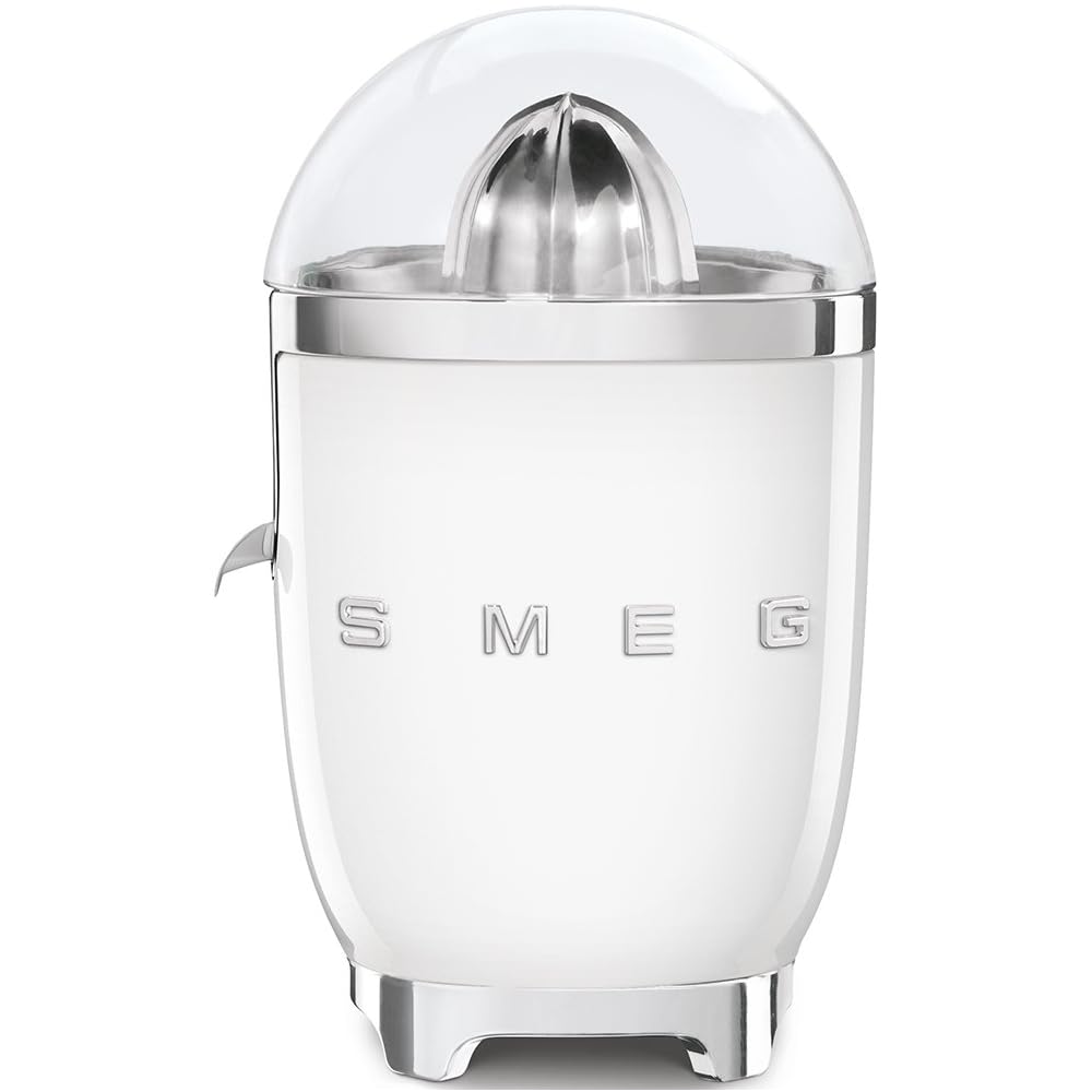 Smeg, Presse Agrumes électrique CJF11WHEU, Mise en Marche Automatique à Pression, Bec Anti-goutte et C?ne Universel, Base Antidérapante, Range Cordon Intégré, 70W, Blanc : Cuisine et Maison