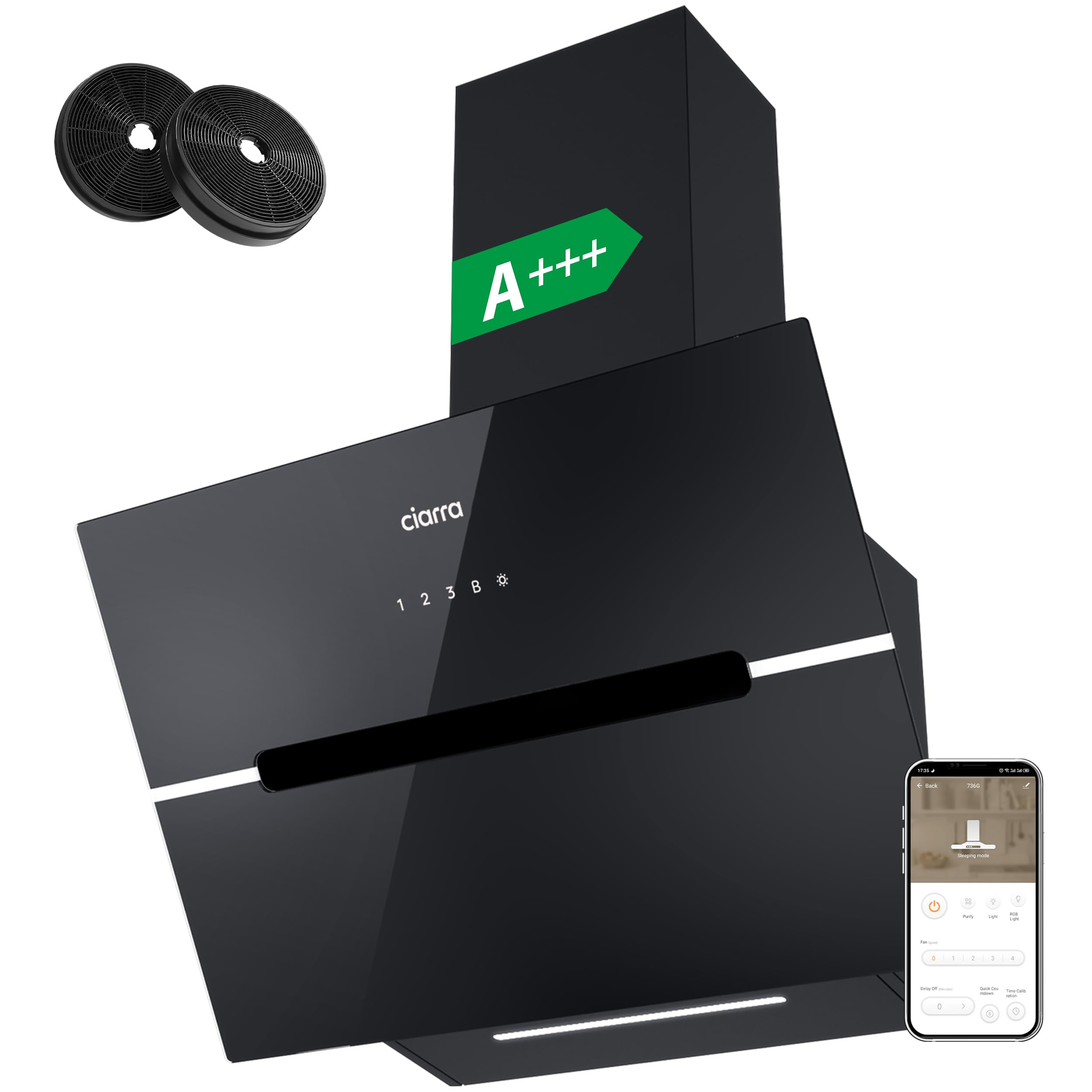 Ciarra CBCB6736F Classe A+++ Hotte Aspirante Inclinée 60cm - 650m³/h - Commande Tactile & Wi-Fi - Fonction Boost - Design en Verre Élégant - Noir