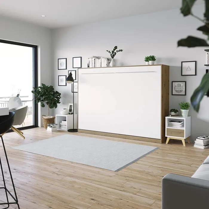 Armoire Lit Escamotable 140x200 Cm Supérieur Horizontal Mural Chêne Sauvage/blanc Lit