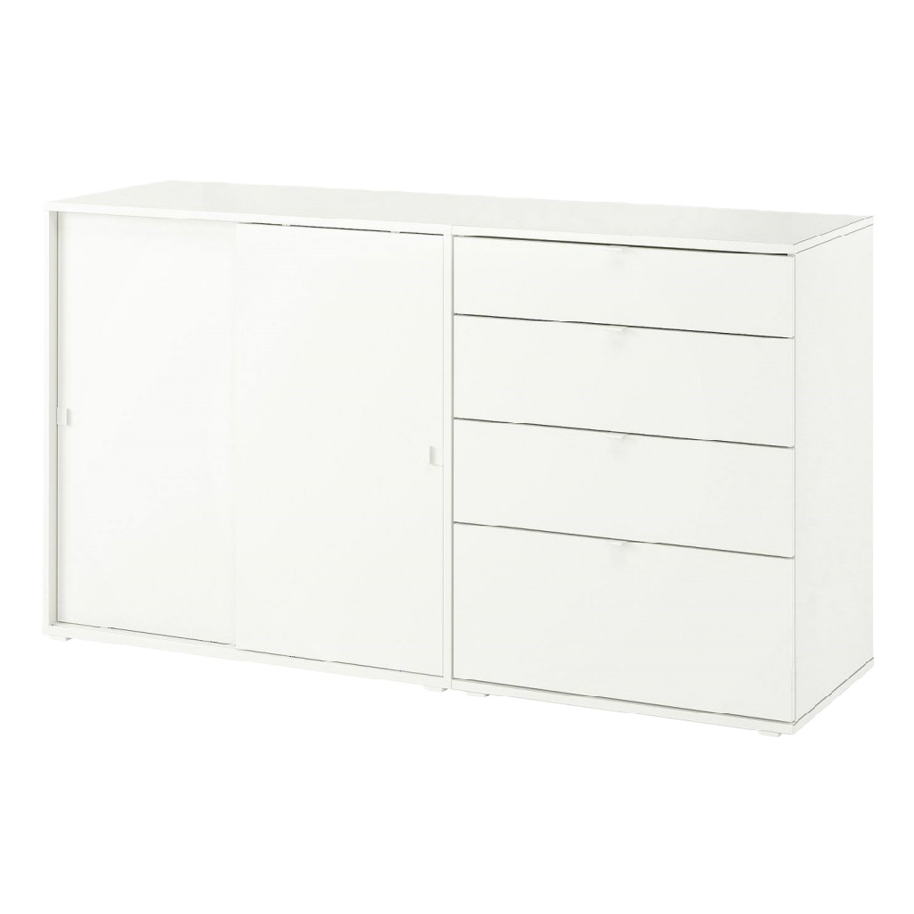 Buffet bas blanc à portes coulissantes et tiroirs — meuble de rangement moderne