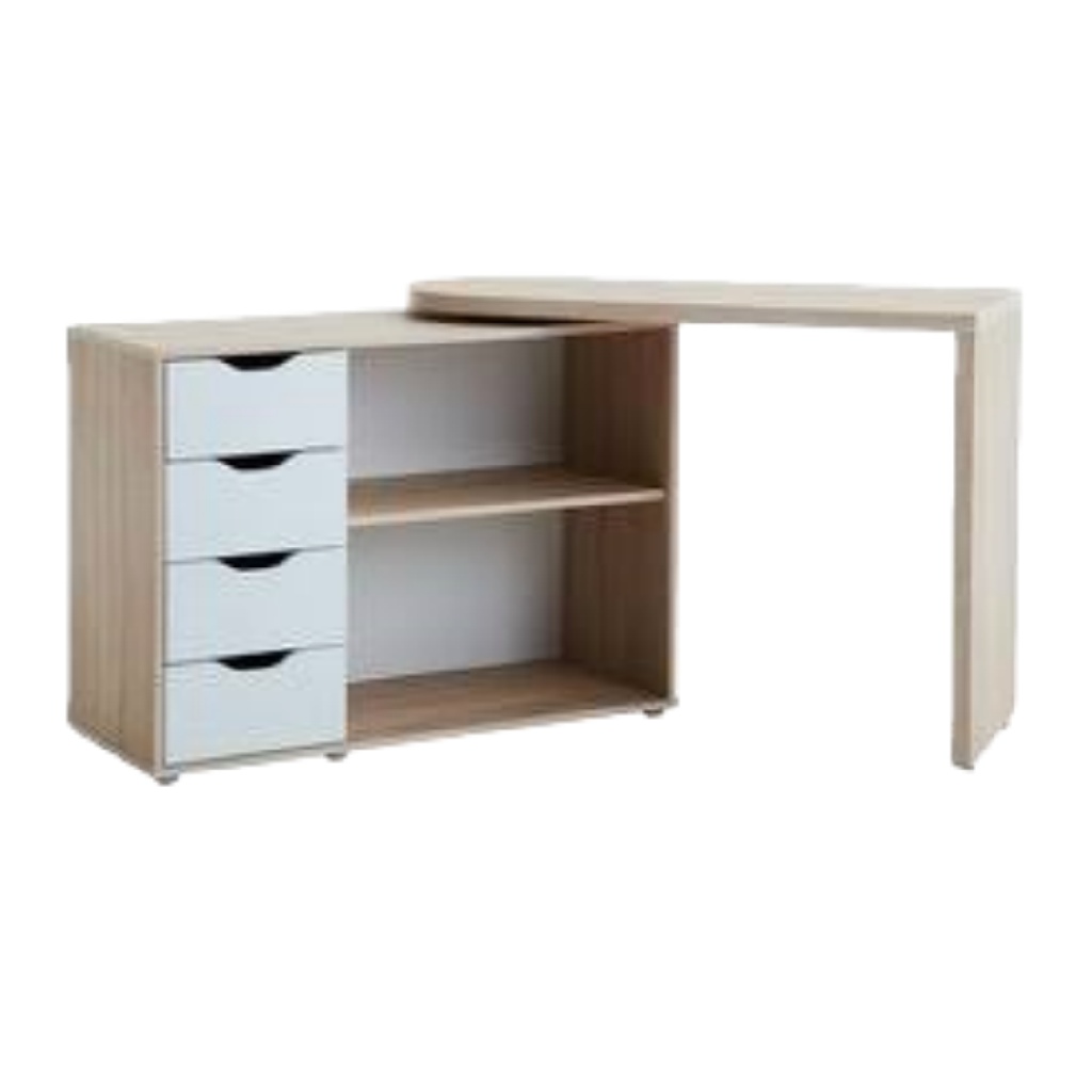 Bureau d’angle bois clair et blanc – 4 tiroirs + 2 étagères – design compact et fonctionnel
