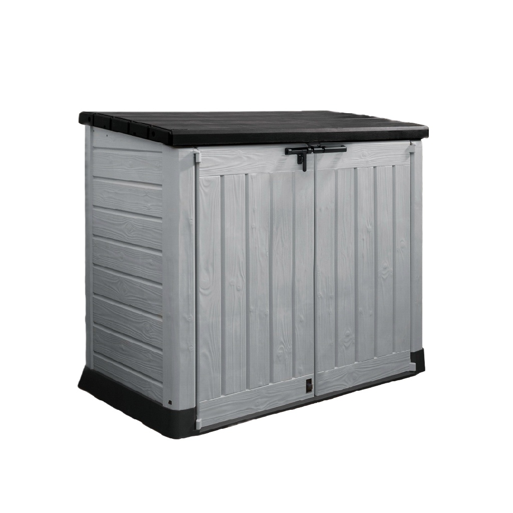 Armoire de rangement extérieure gris clair effet bois avec double porte et toit noir étanche