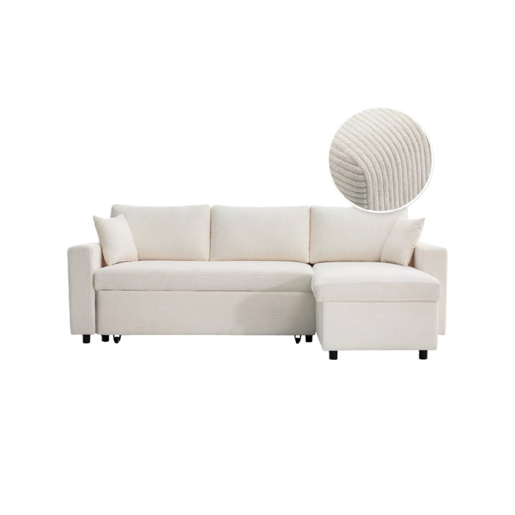 Canapé d’angle droit en velours côtelé beige avec espace de rangement