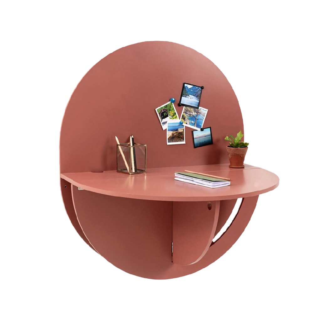 Bureau mural rond rabattable — Finition corail mat — Gain de place