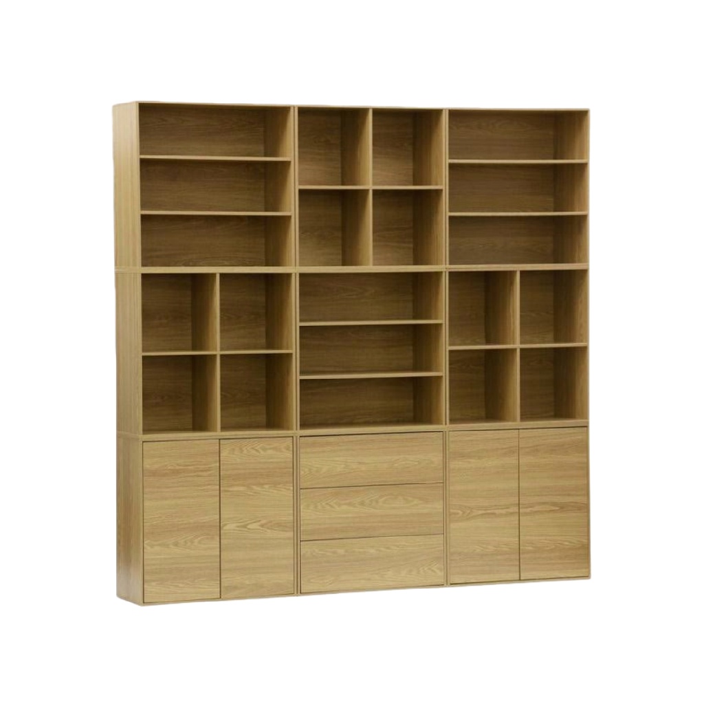 Grande bibliothèque en bois chêne – meuble de rangement à multiples compartiments avec tiroirs et portes – design moderne