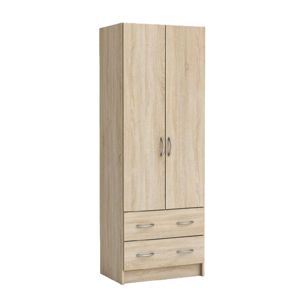 Armoire deux portes chêne clair avec deux tiroirs – rangement compact et naturel