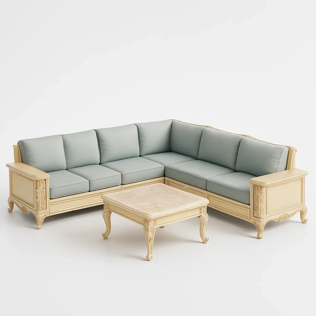 Canapé d’angle en bois avec table basse et coussins en polyester gris clair