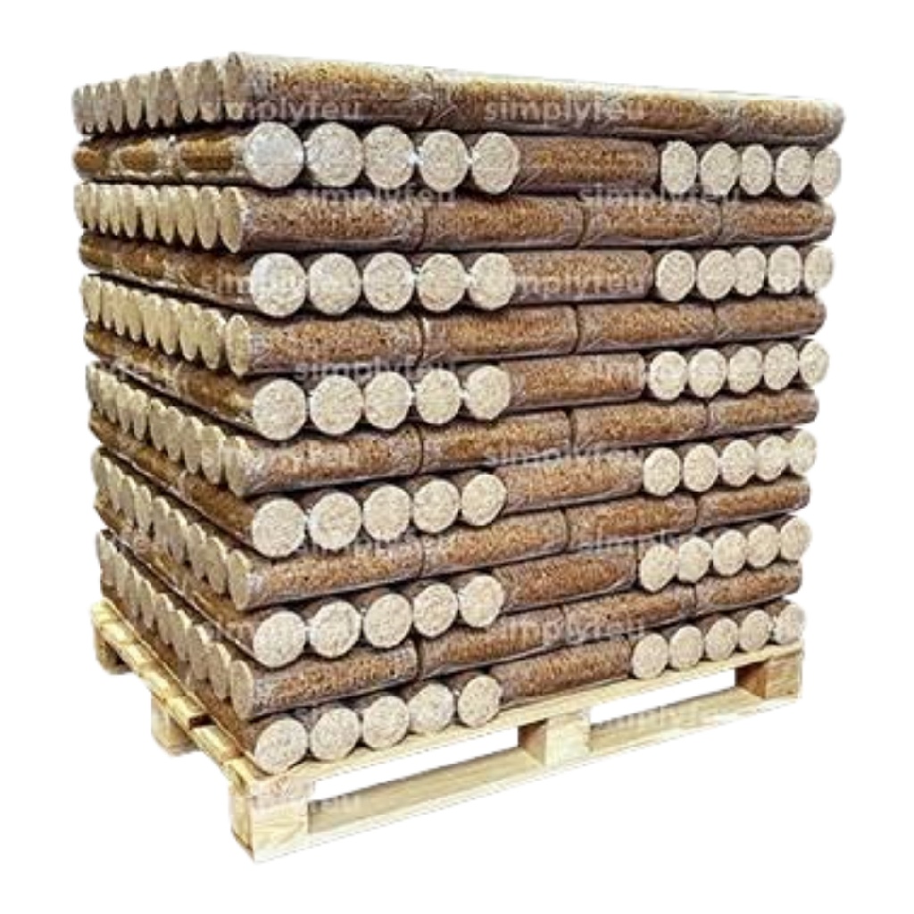 Bûches compressées cylindriques sur palette – combustible bois écologique