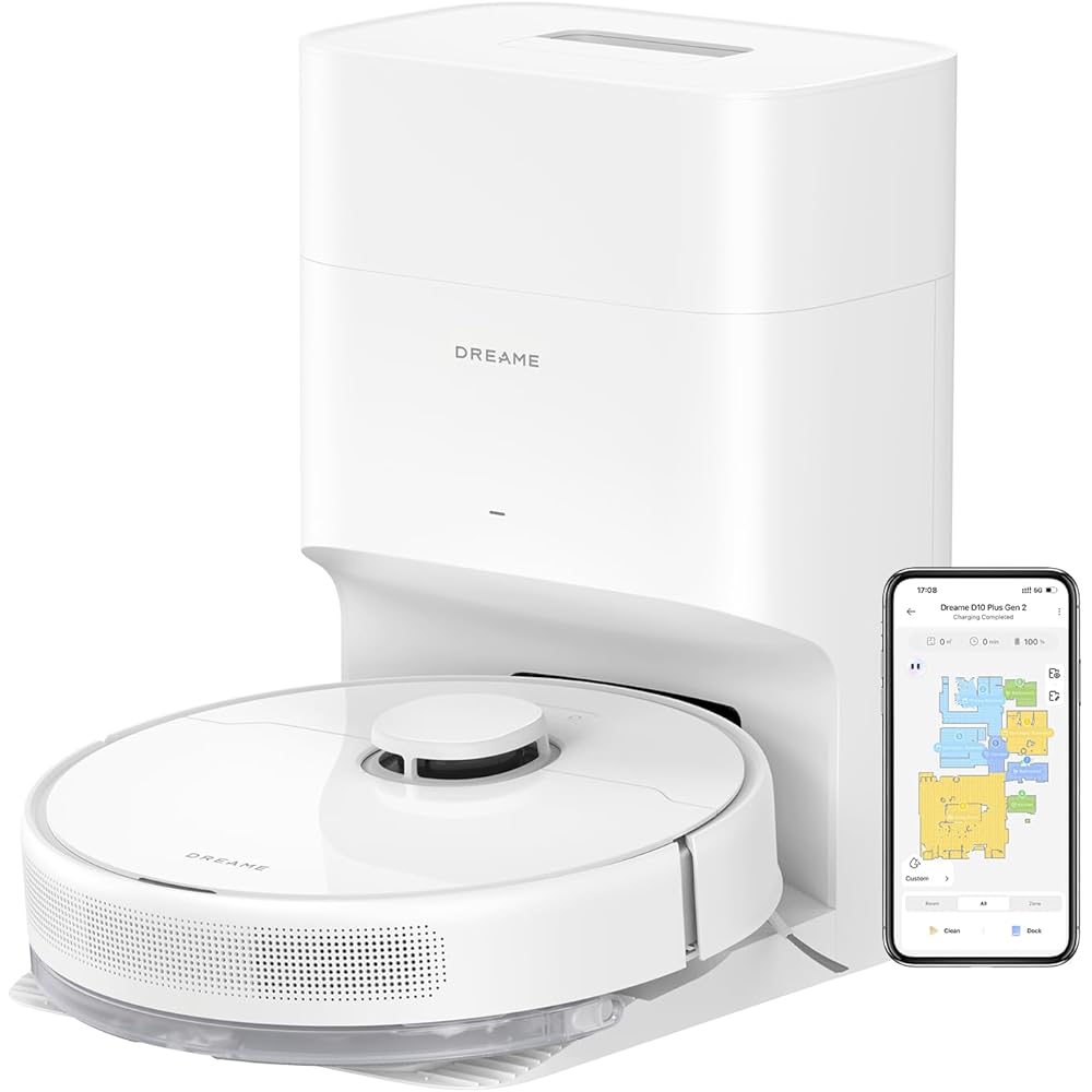 dreame D10 Plus Gen 2 Robot Aspirateur Laveur avec Vidange Automatique Poussière, Stocke jusqu'à 90 Jours de Poussière, Navigation LiDAR, Aspiration 6000Pa Tapis et Poils d'animaux, Batterie 285 Min : Cuisine et Maison