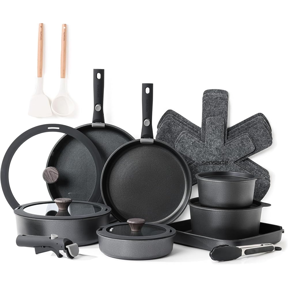 SENSARTE Batterie de Cuisine 24Pcs, Lot de Casseroles et Poêles Induction avec Couvercle, Poignées Amovibles, Revêtement Antiadhésif, Empilable, Compatible Lave-vaisselle, Sans PFOA (Noir) : Cuisine et Maison